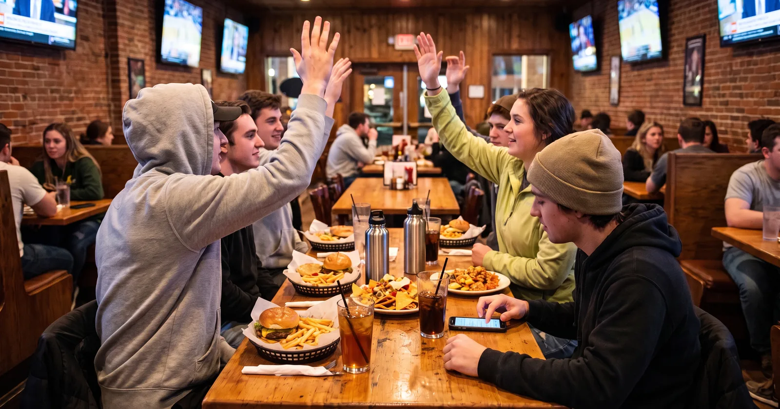 College friends high-fiving over burgers and sodas while they watch an away game at a college-town sports grill