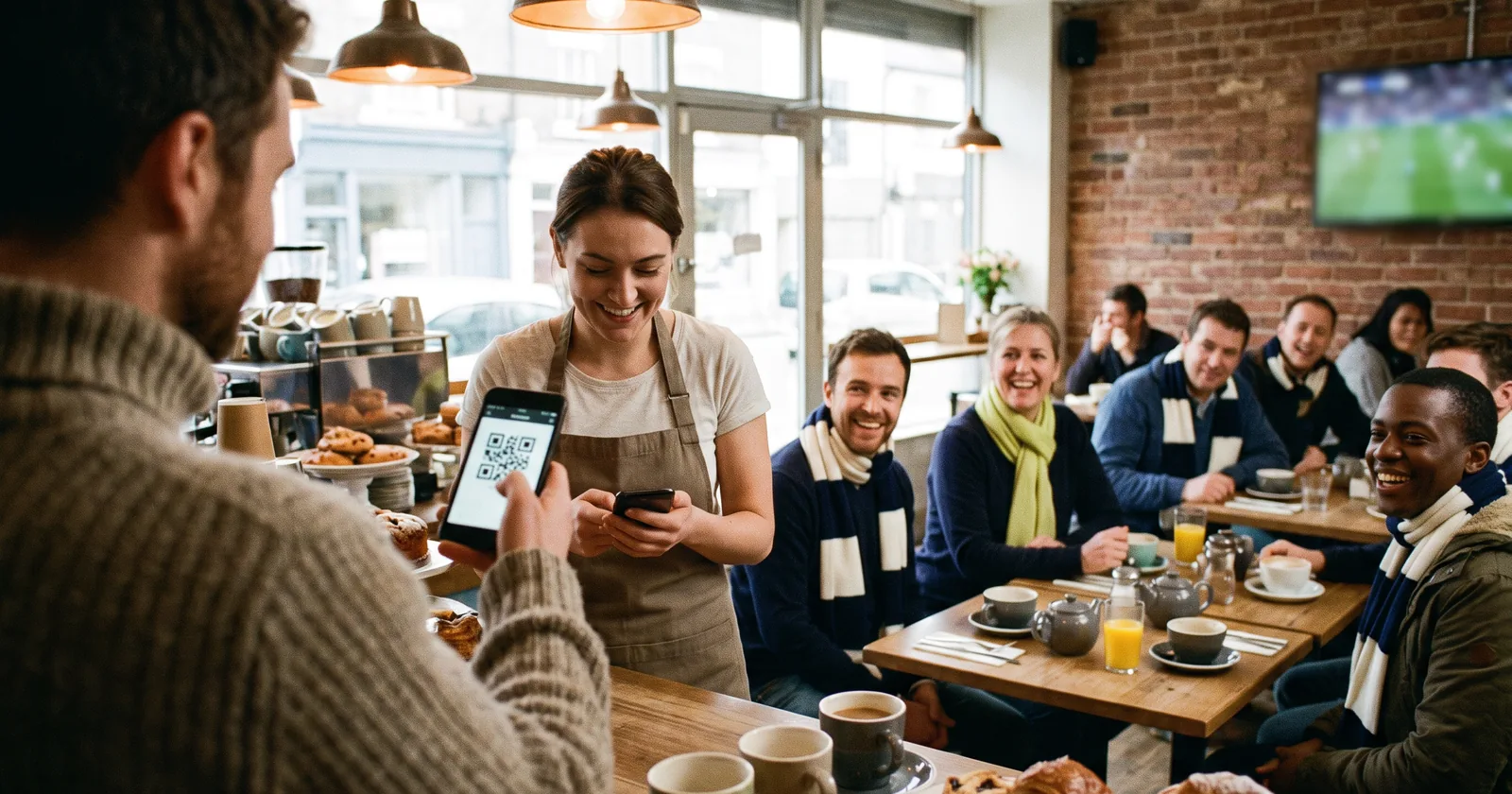 A café worker confirms a fan's check-in QR code on her phone while supporters watch the match over coffee at a partner café