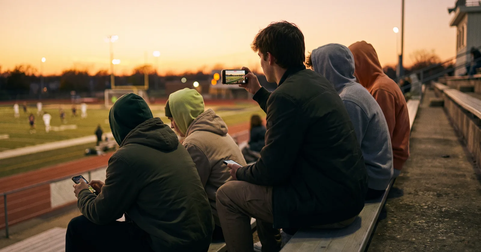 Young friends sitting together outdoors at dusk, most looking down at their phones, one holding a phone up mid-recording, seen mostly from behind