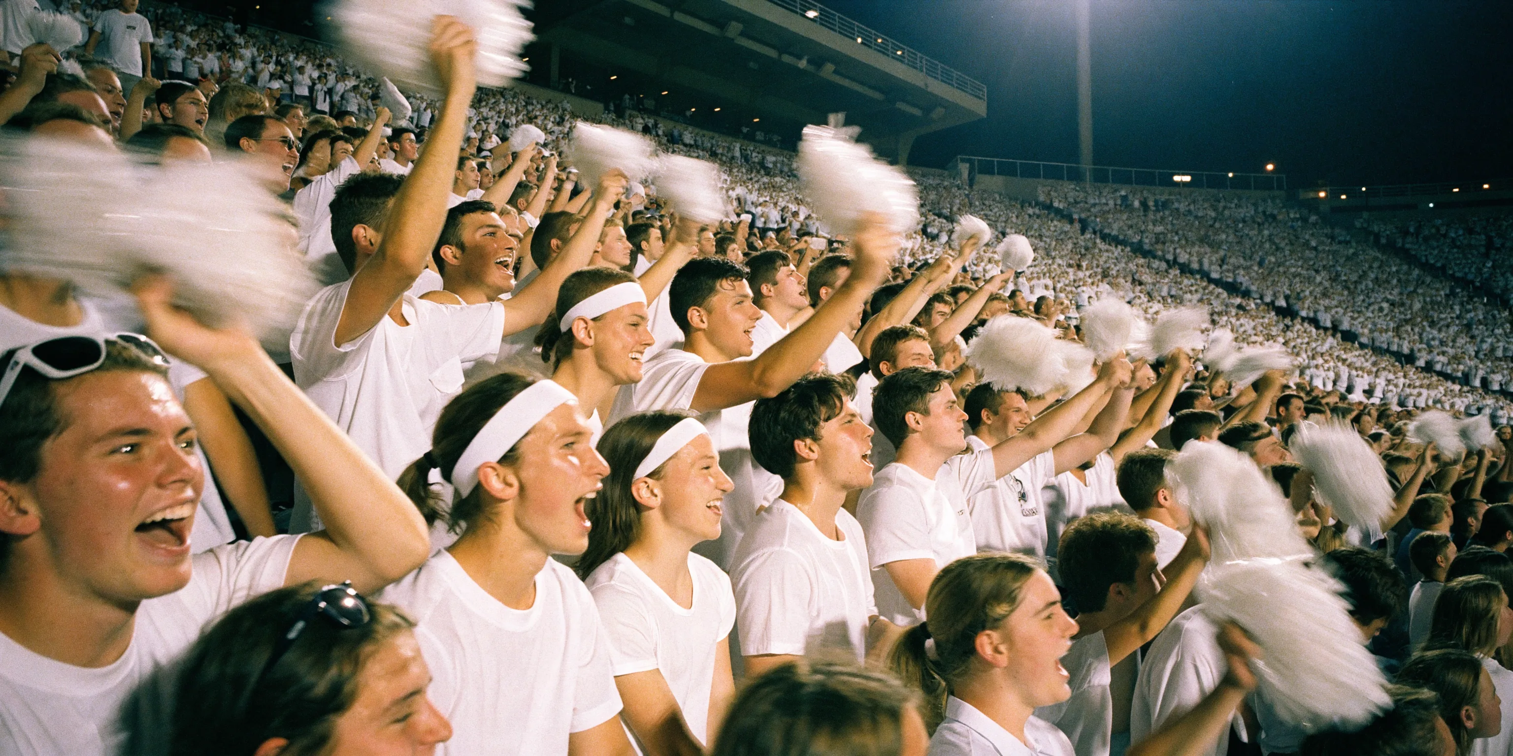 A student section dressed all in white during a college football night game