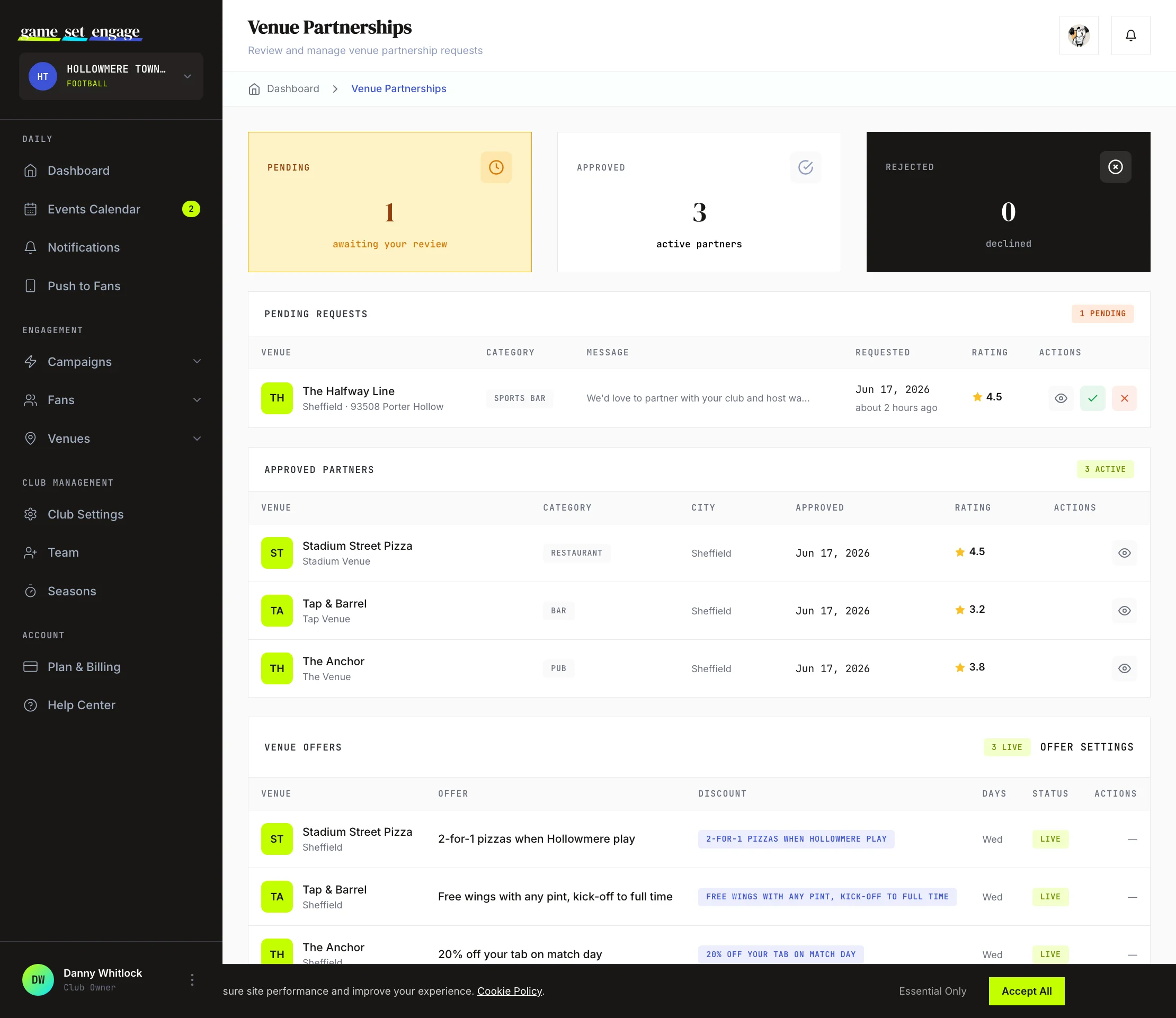 The Venue Partnerships screen showing pending requests with their application messages and the approve and reject actions