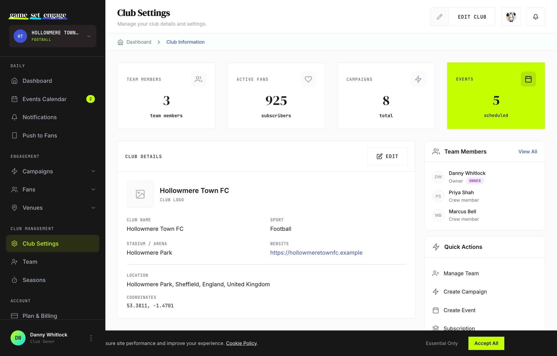 The Club Settings screen showing club details, the logo, and the stats for team members, fans, campaigns, and events