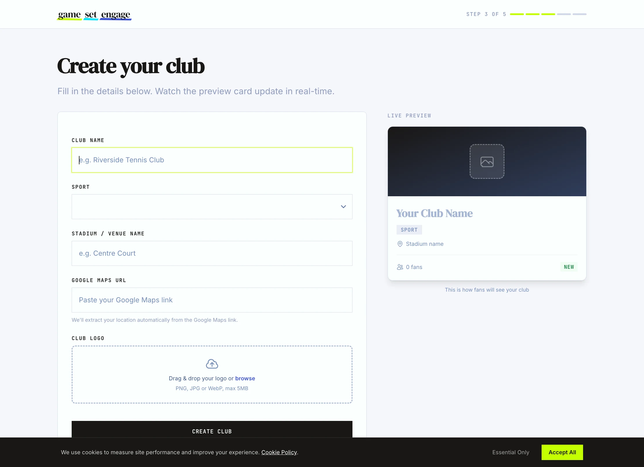 The club setup form with the live preview card showing the club name, sport badge, and location as you type