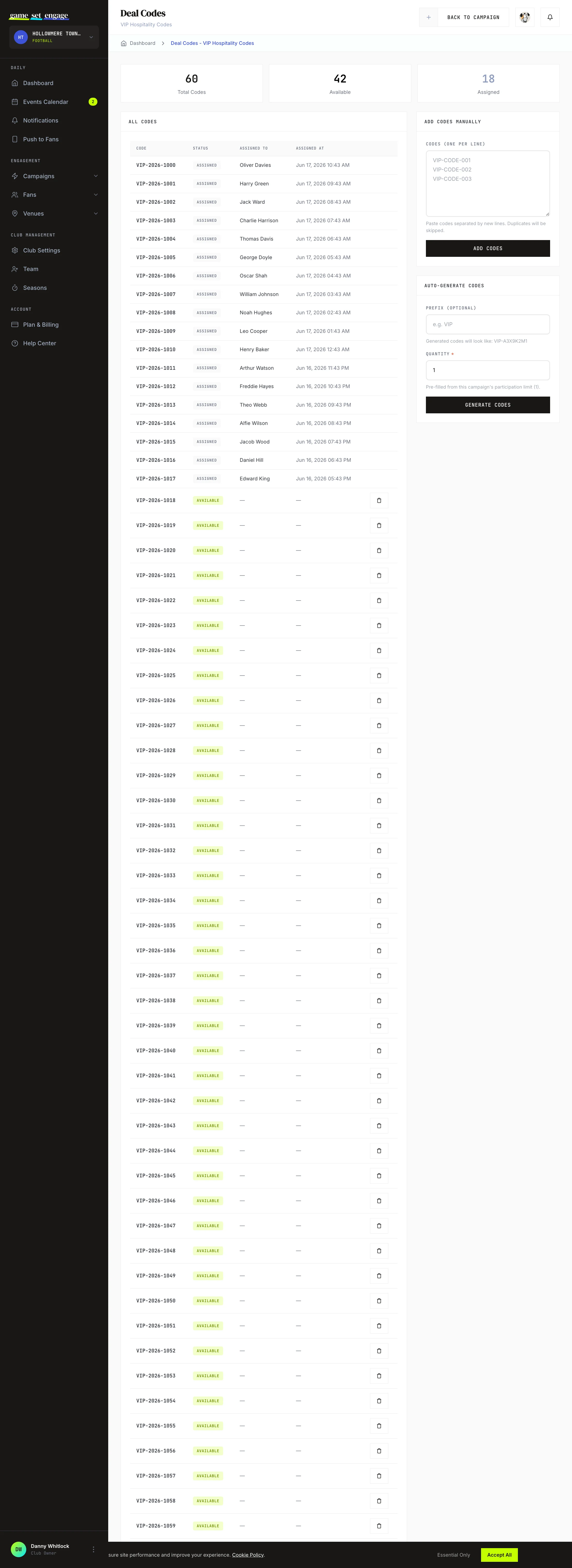 The deal code management screen, showing the Total, Available, and Assigned counts above the full code list