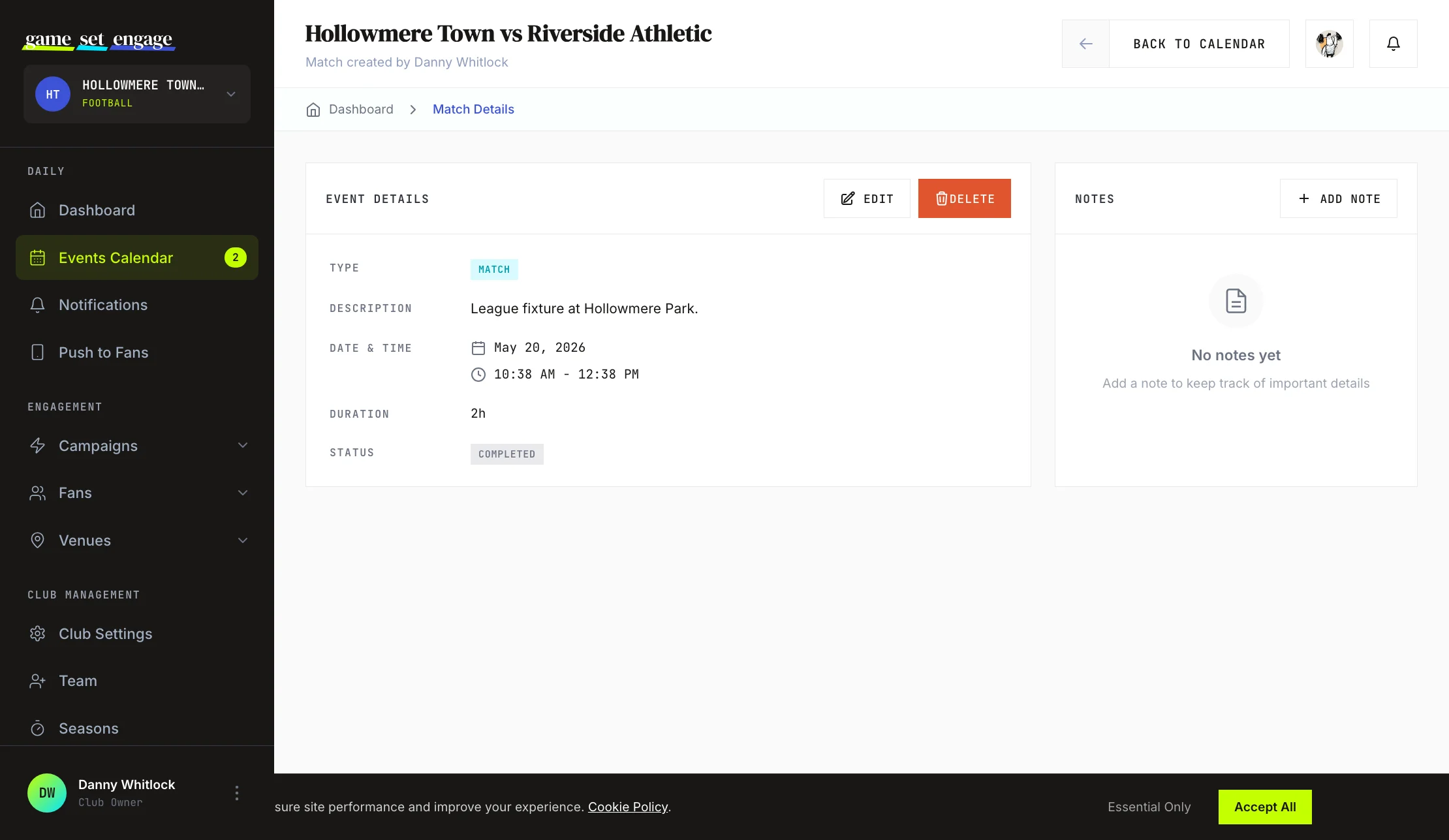 An event detail page with the Notes panel open and a note being written