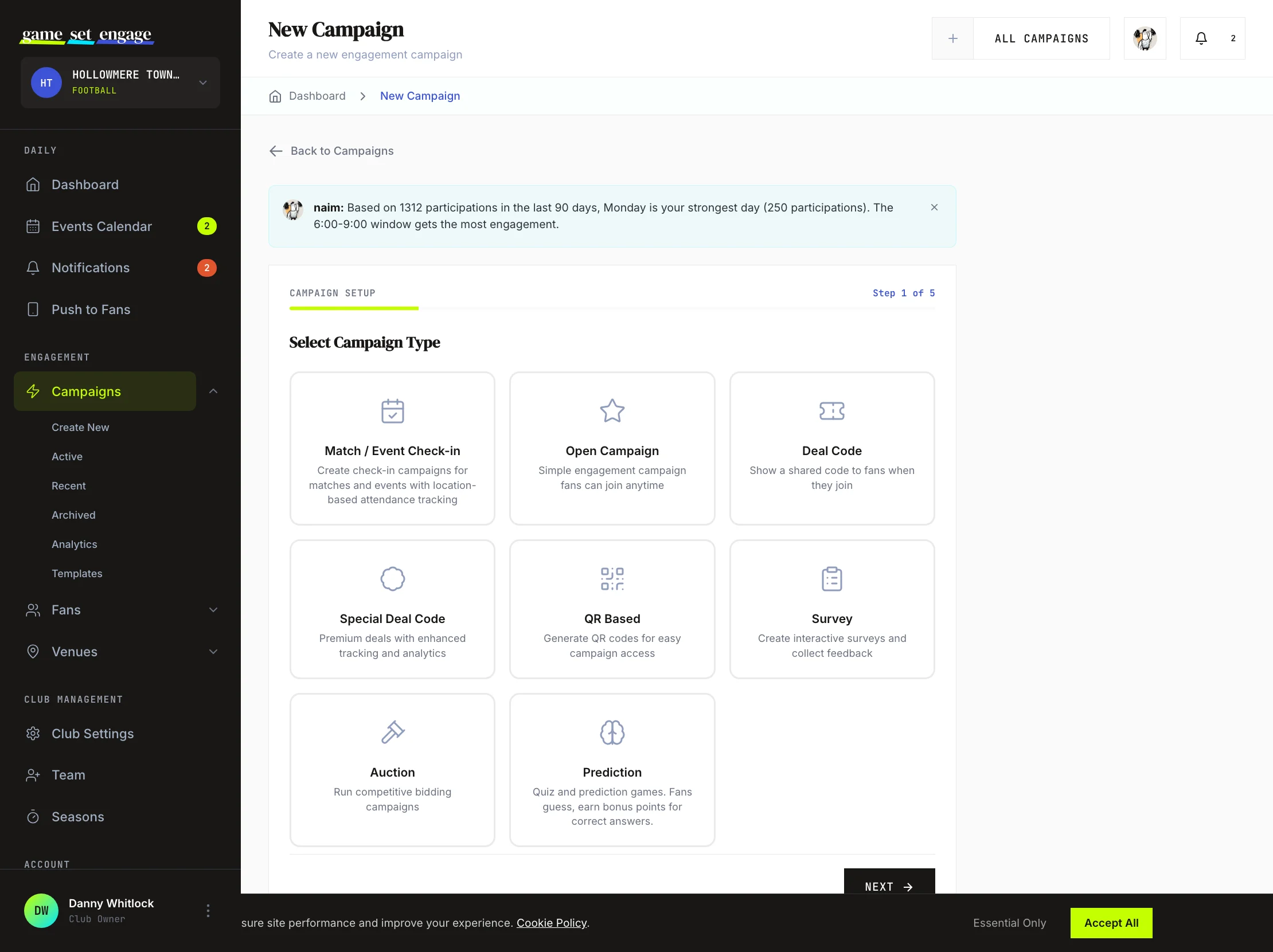 The campaign builder, starting with the campaign type selection step