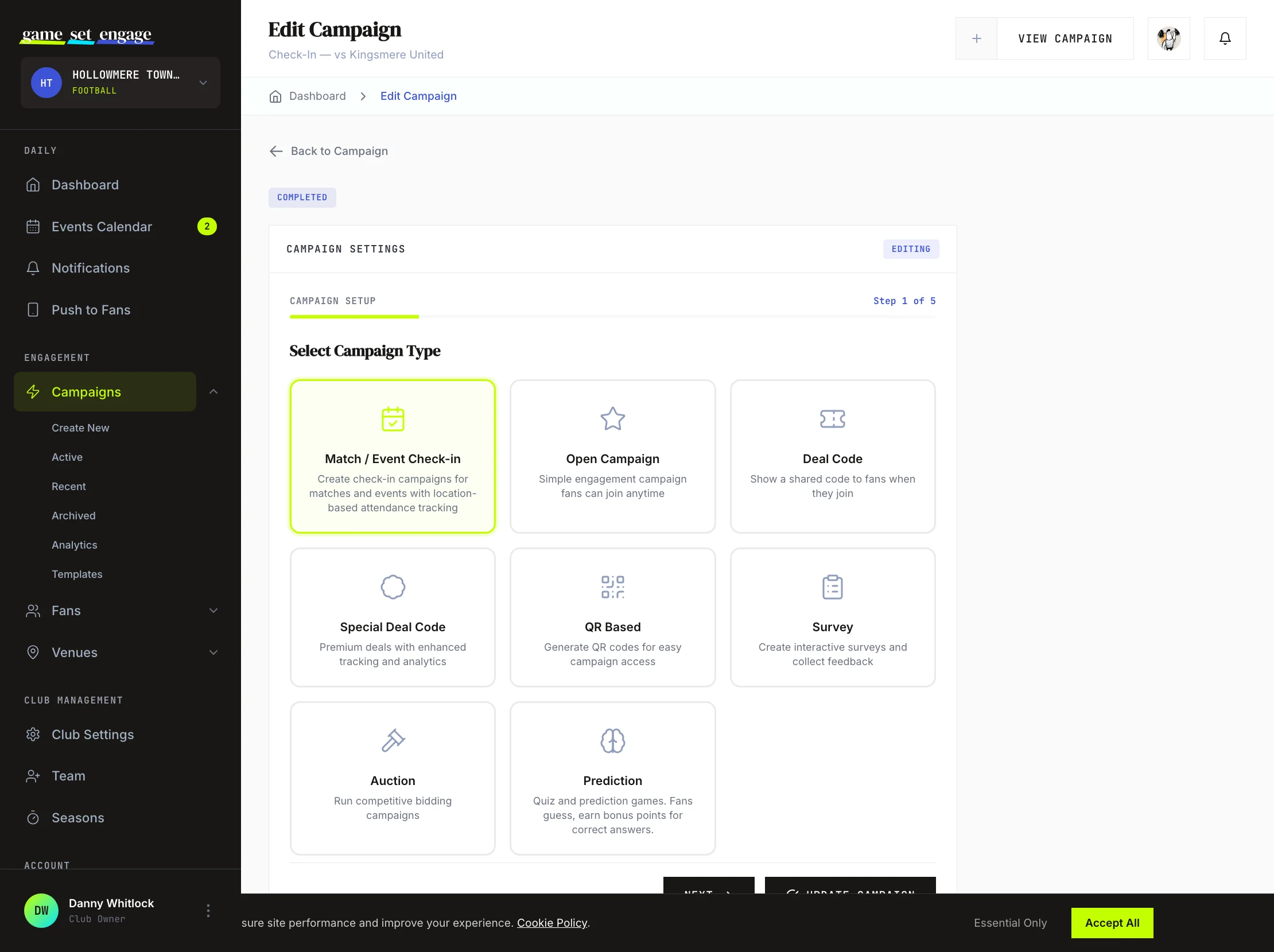 The edit view of a campaign, reopening the builder with its current settings