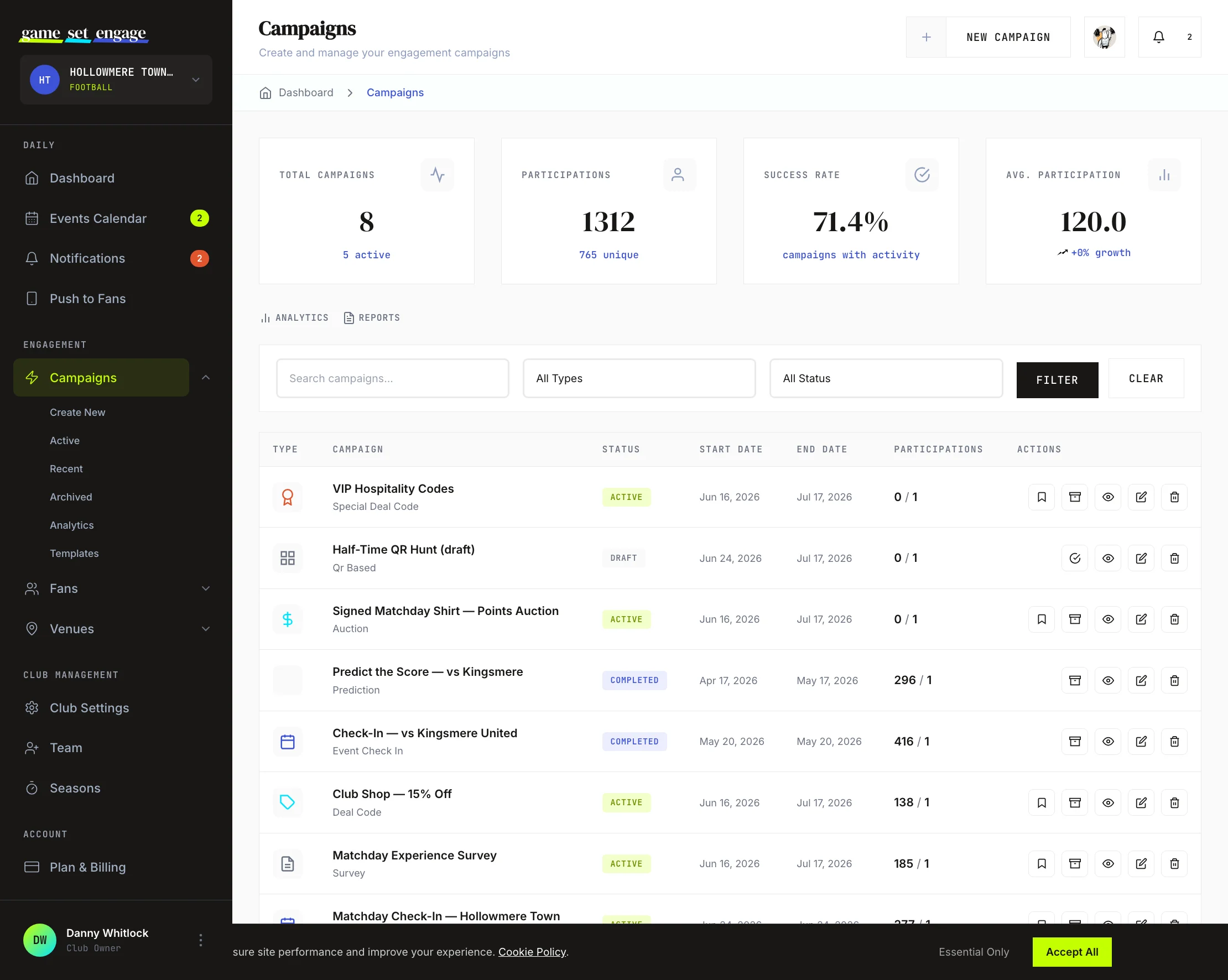The campaign filter bar with search, type, and status filters above the list