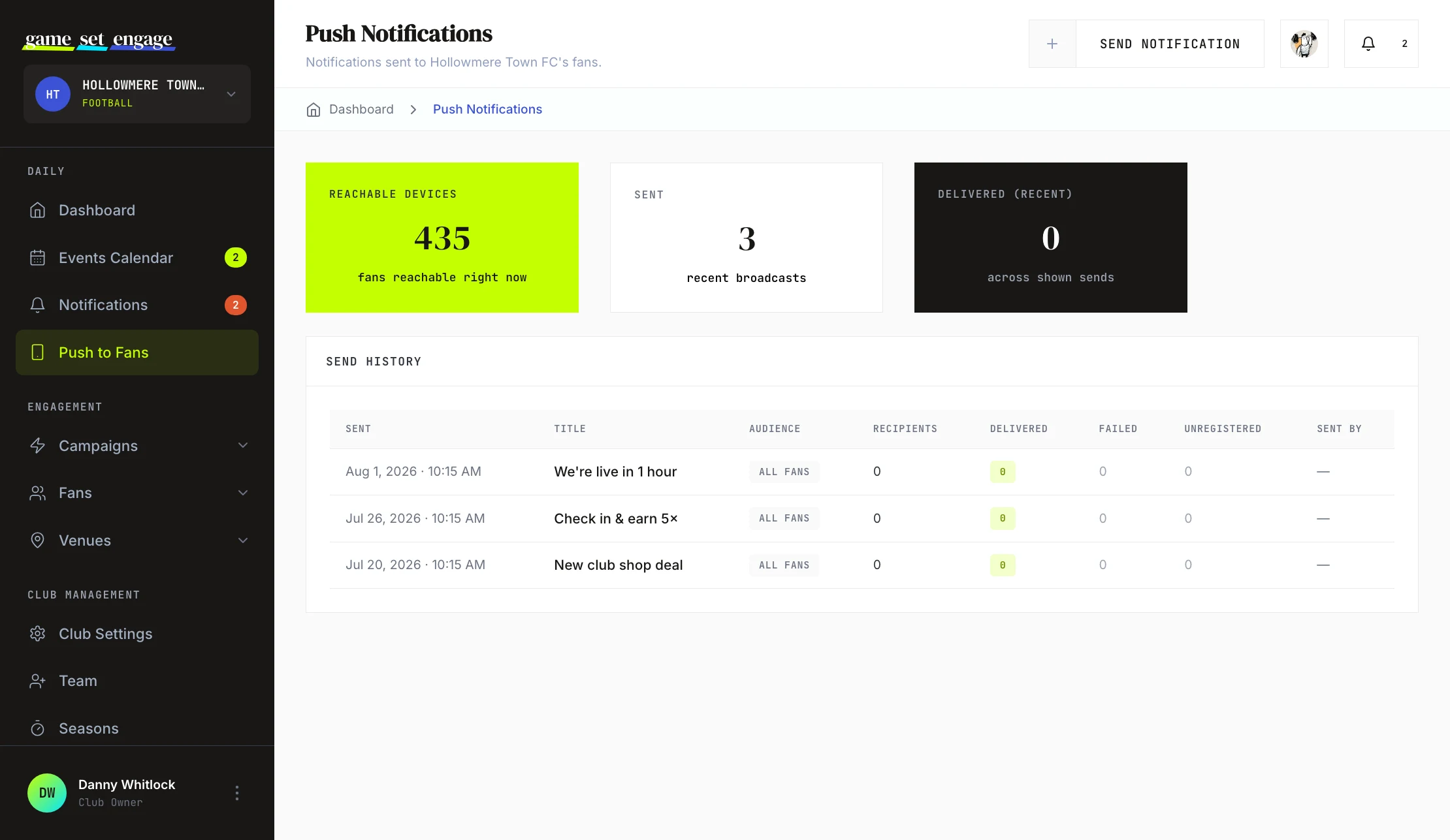 The push notification send history table with delivery counts for past broadcasts