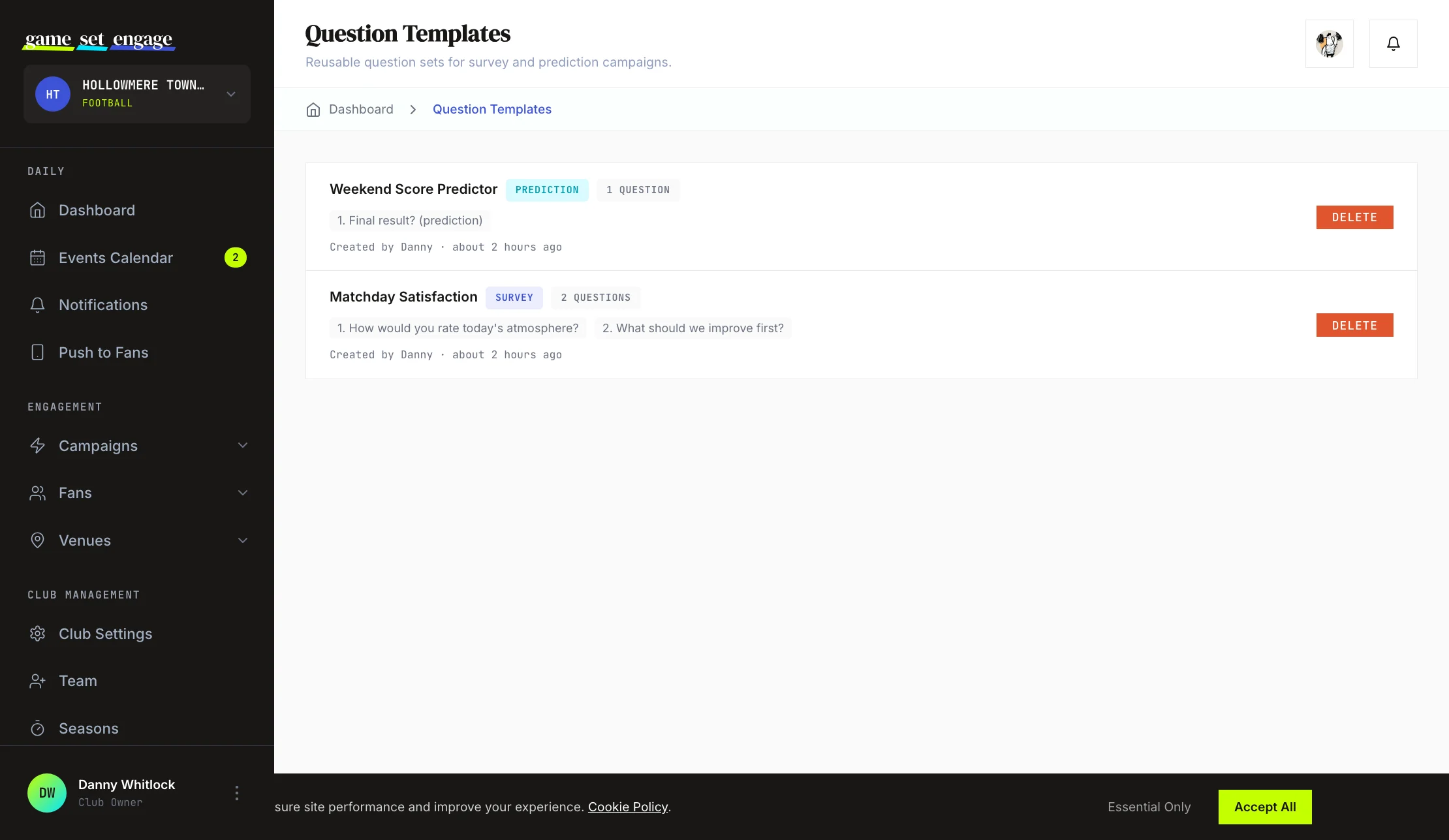 A saved template card showing its type badge, question count, and question preview