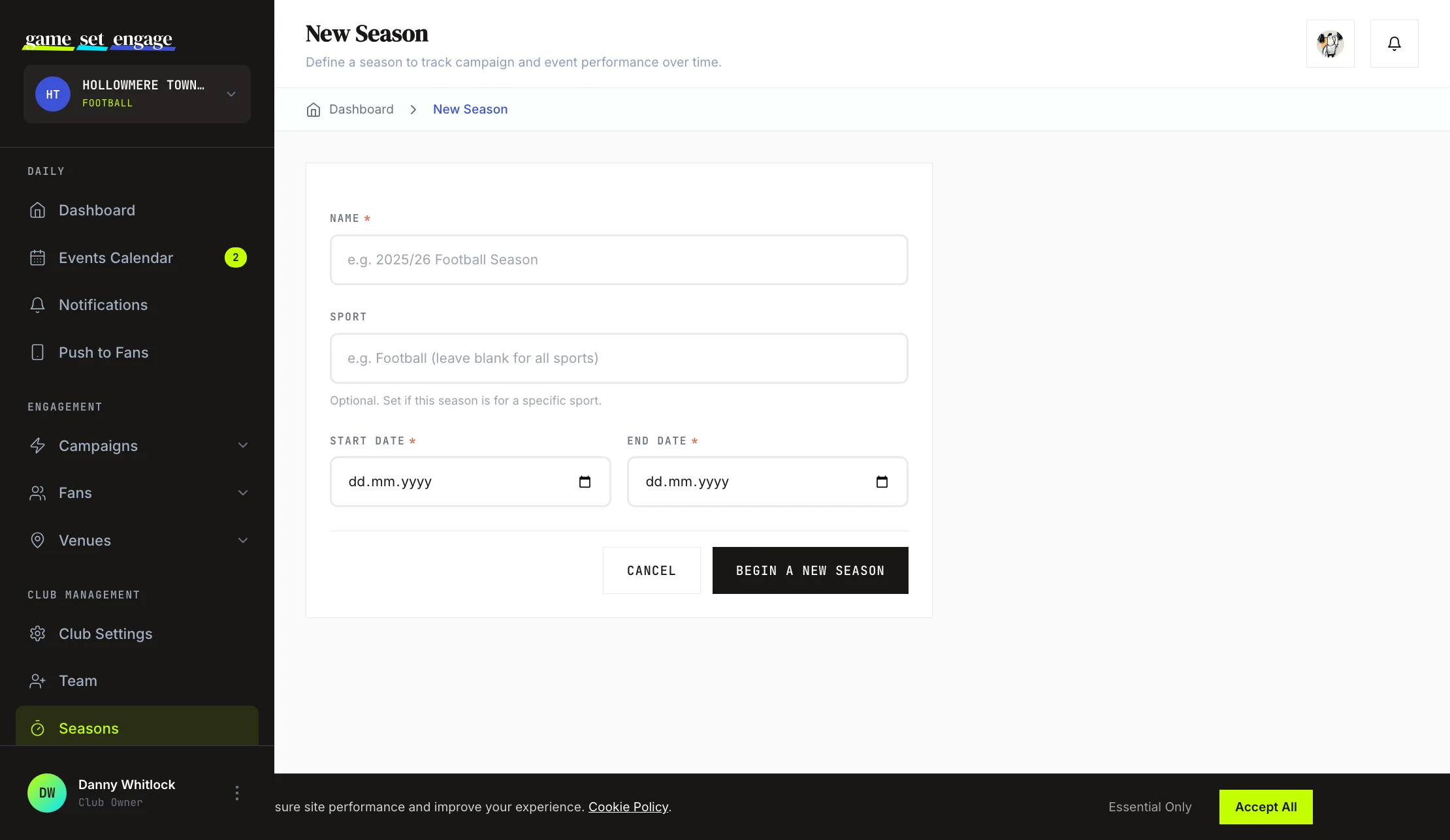 The New Season form with fields for name, sport, start date, and end date