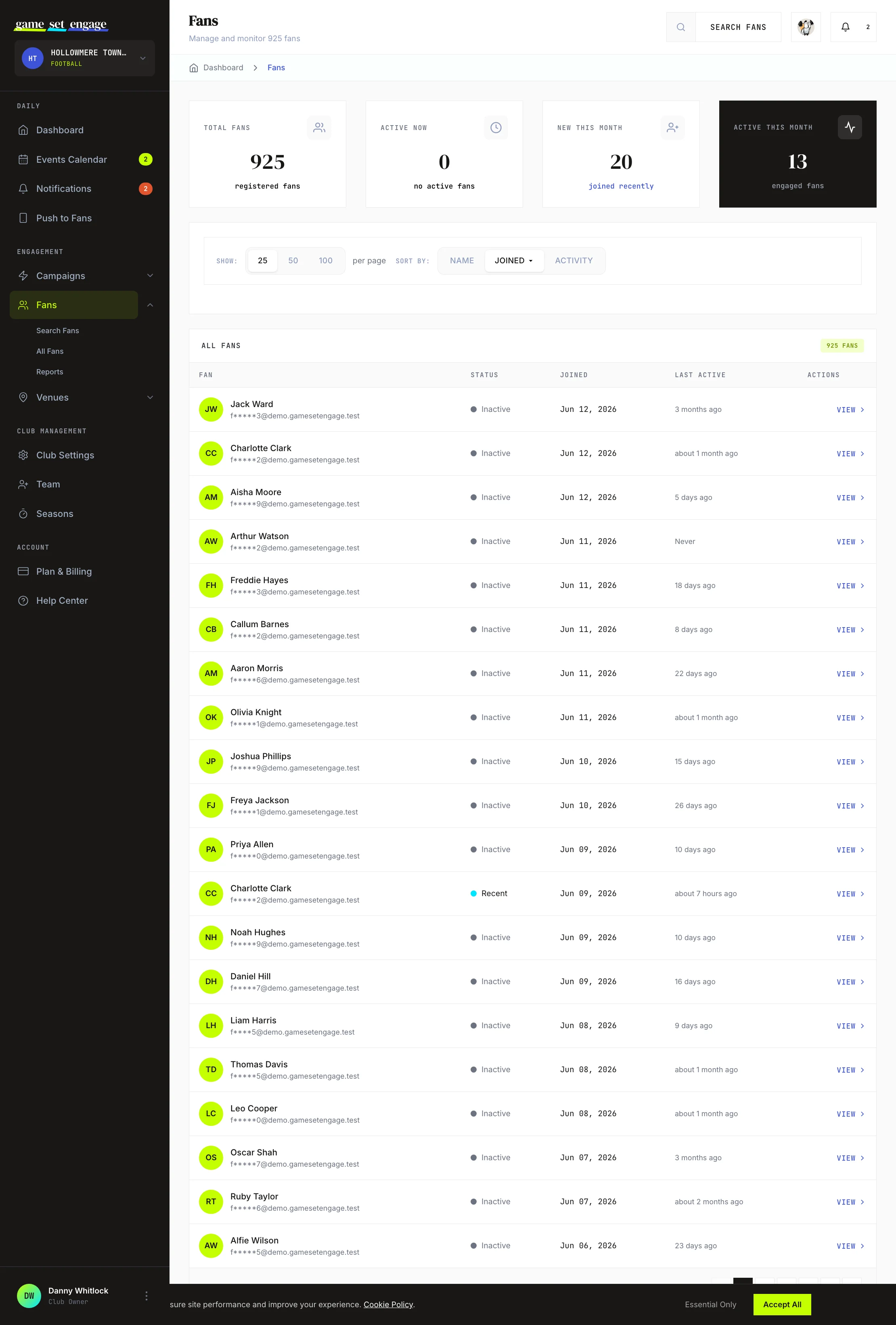 The Fans area in the club dashboard, showing the stat cards and the full list of supporters