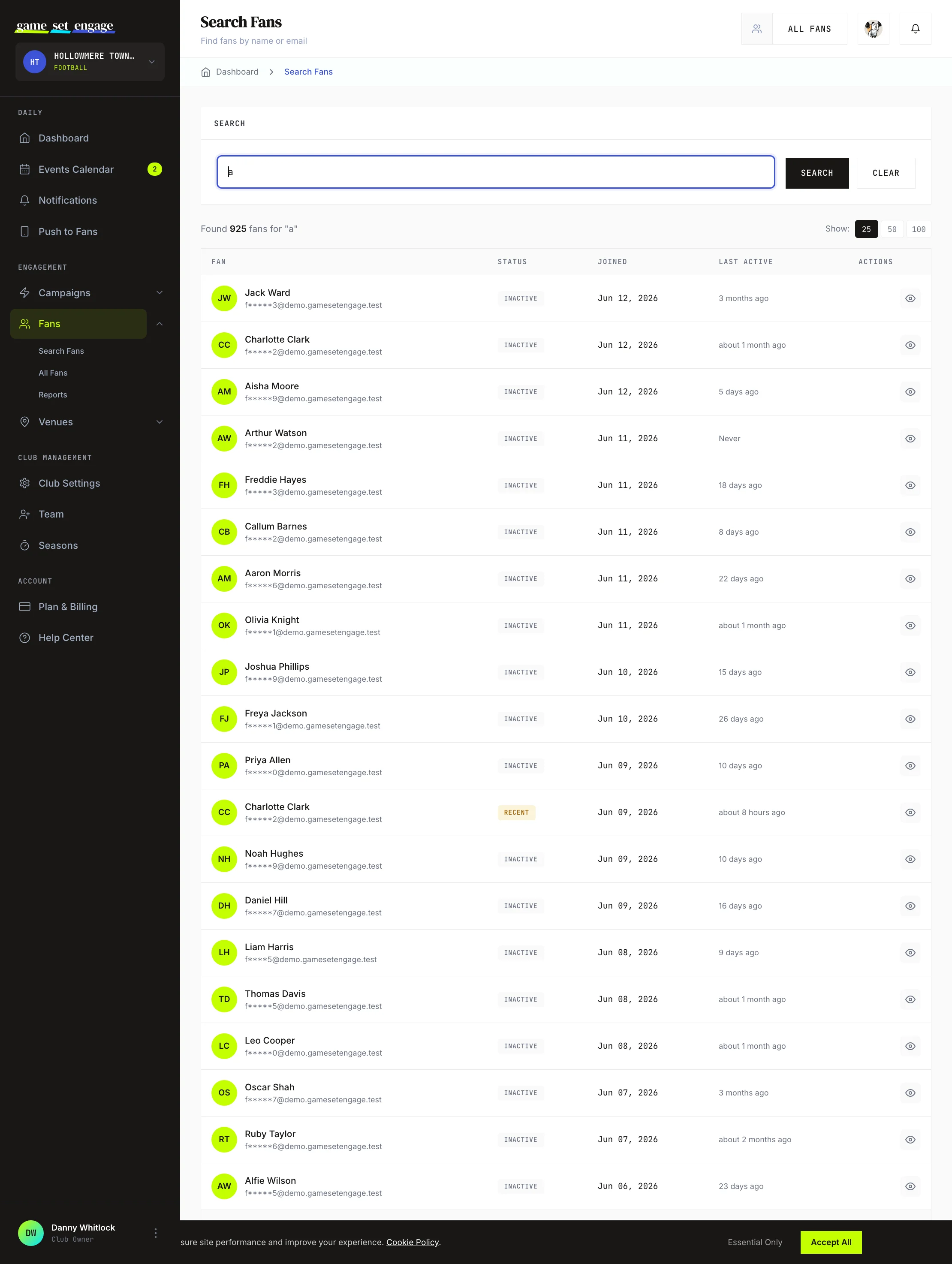 The Search Fans screen with a query entered and matching fans listed below