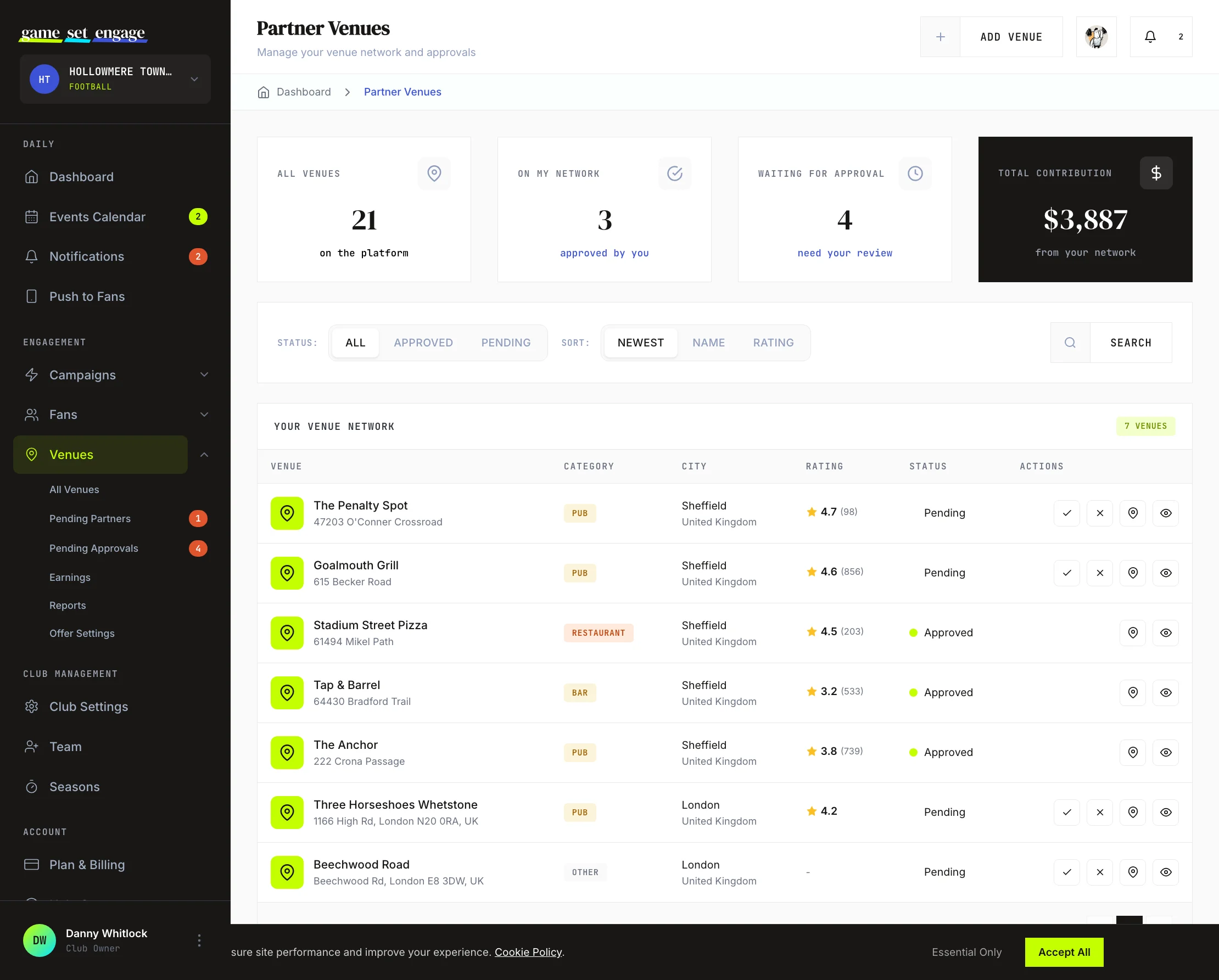 The Venues submenu in the dashboard sidebar, with Earnings, Reports, and Offer Settings highlighted