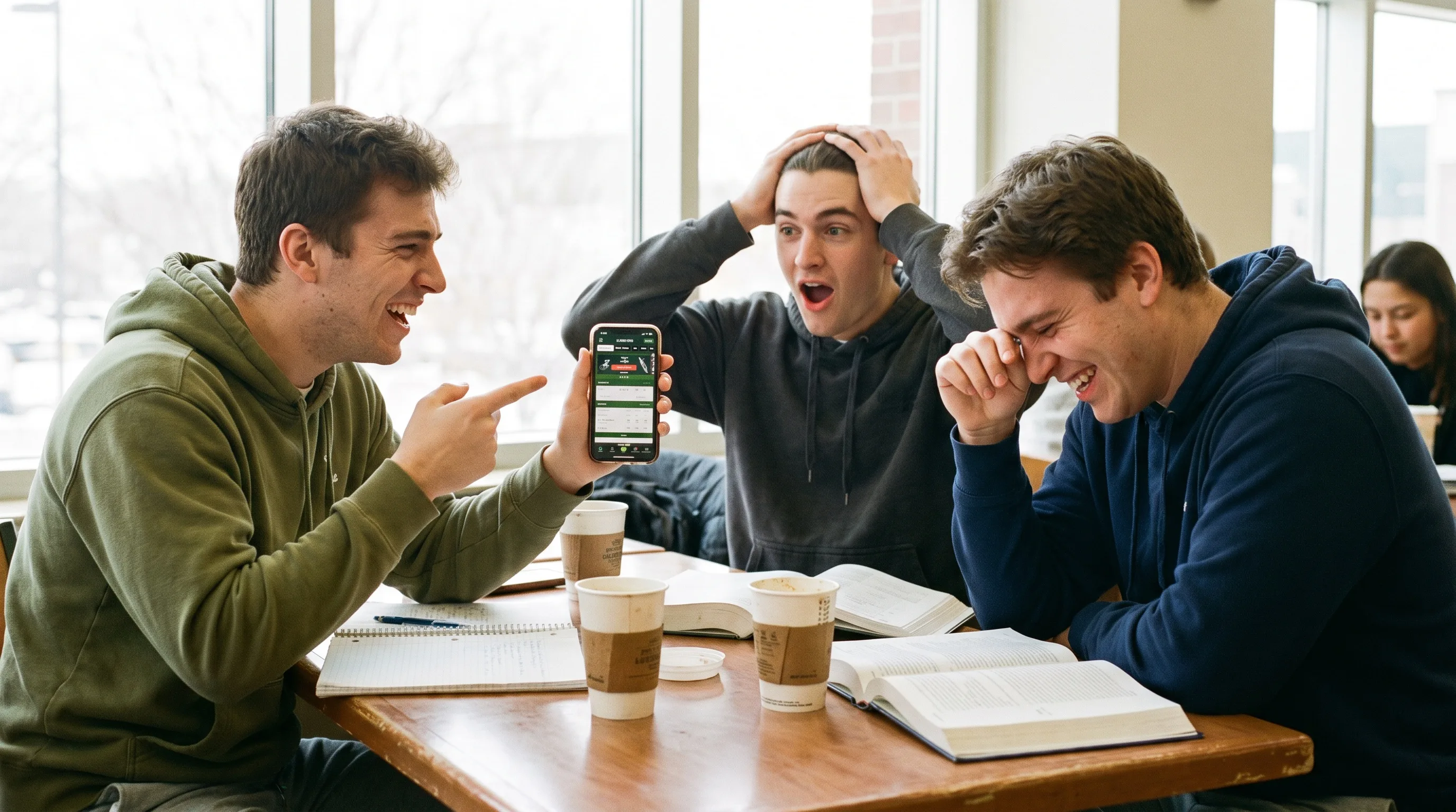 College fans mid-argument over a rivalry game prediction, phones out